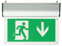 Surface LED Exit Sign white finish Arrow Down.15 x long life white LEDs, includes 4.8V 1.1Ah NiCd battery, charge current 200mA nominal, Recharge period: 24hrs (14hrs for 1 hour duration), 12V, IP20.