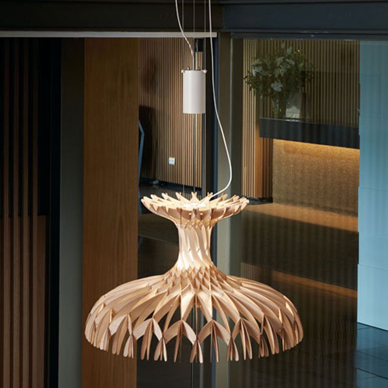 [2580621400/P829] Suspension lamp Bover Dome 60/01 12W TRIAC MATTE WHITE - NATURAL WOOD SHADE