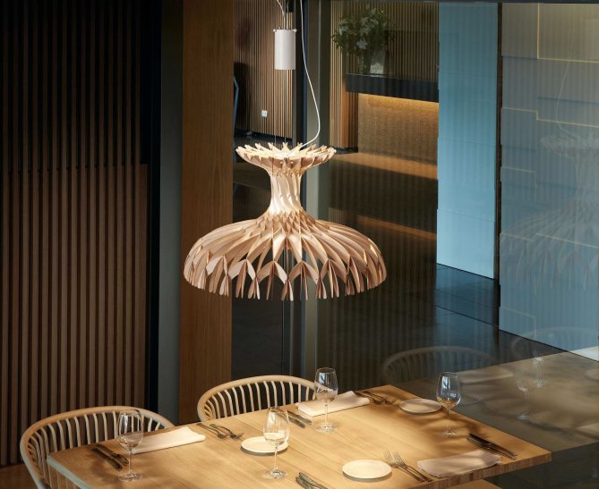 [2580721400/P829] Suspension lamp Bover Dome 60/02 25W  TRIAC MATTE WHITE - NATURAL WOOD SHADE