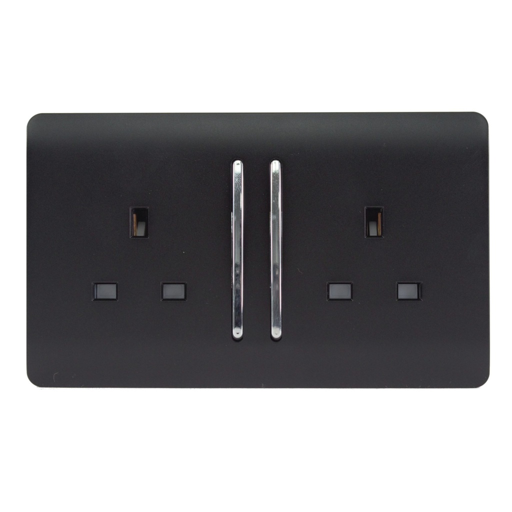 Trendi 2 Gang Artistic Modern Screwless 13 Amp Plug Socket Long Matt Black