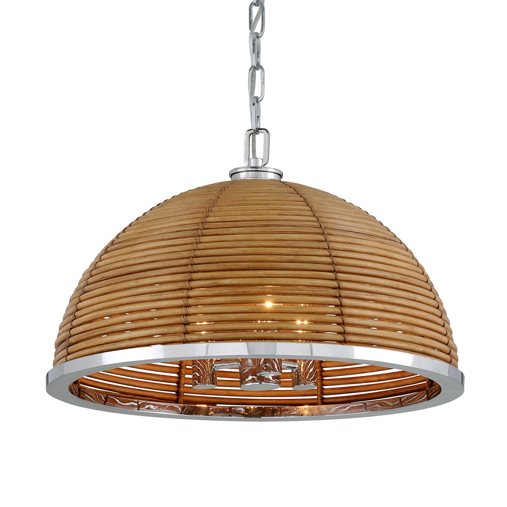 [277-48-CE] CARAYES; Width/Diameter 52.07cm, Height 34.29cm Min - Max Height 42.55cm - 220.35cm Backplate/Canopy/Base 15.24cm Shade Material 3/8 Dia Rattan Shade Color Natural, No. of Lamps 3- E14